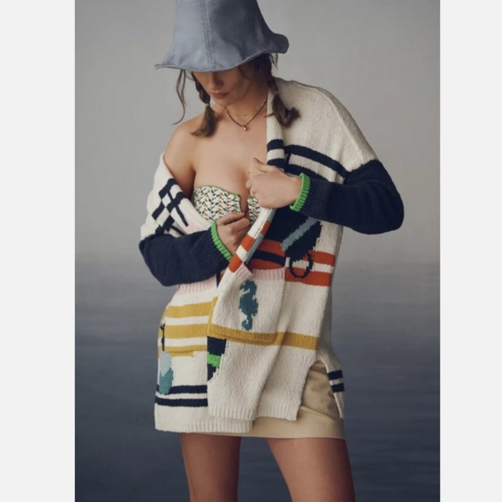 Anthropologie Maeve Nautical Buoy Cardigan Sweater Whale Seahorse L XL Petite - Picture 9 of 9